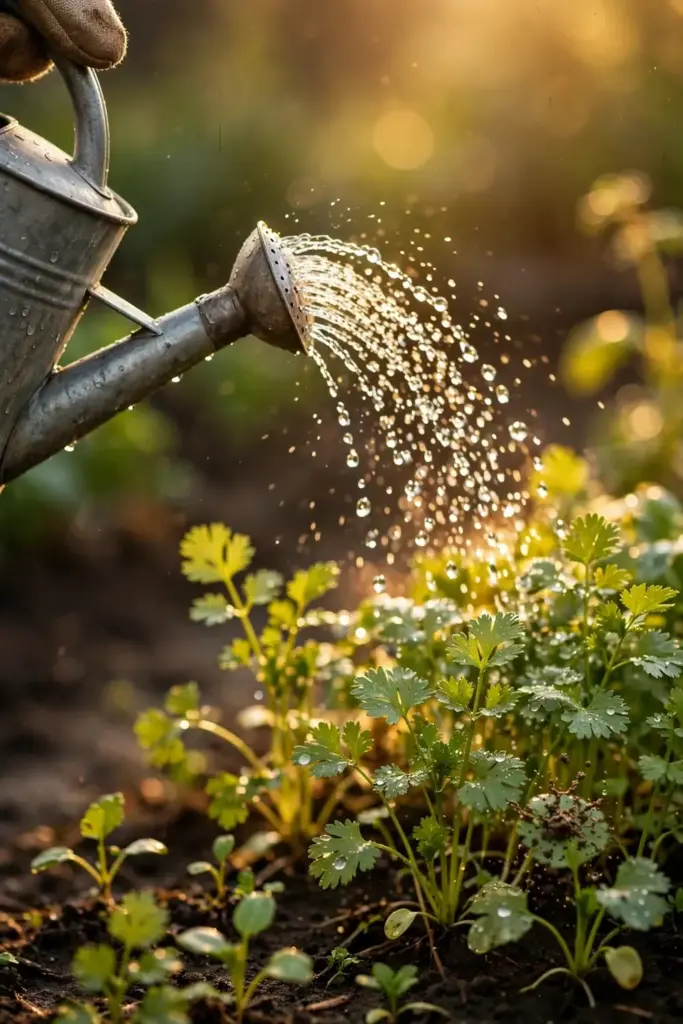Watering can droplets arcing onto young coriander plants at dawn