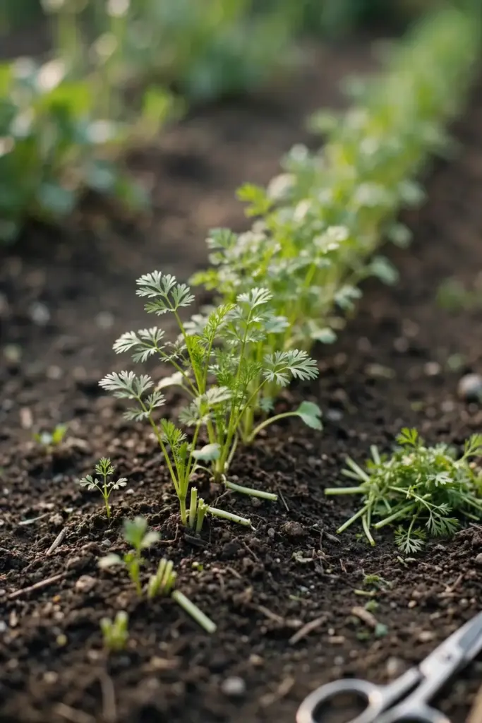 Thinned coriander row with small scissors at the frame edge