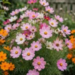 Garden bed of pink, white, and orange cosmos flowers in full summer bloom