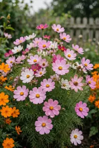 Garden bed of pink, white, and orange cosmos flowers in full summer bloom