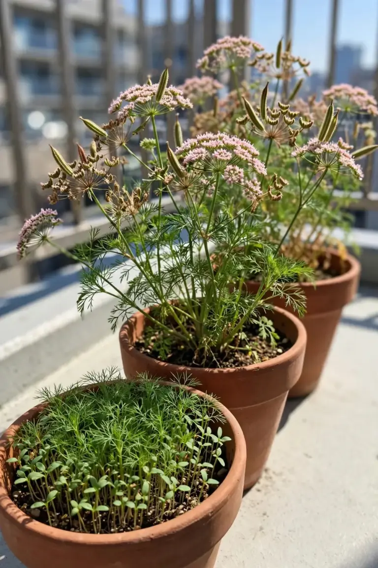 Terracotta pots of cumin with feathery foliage and blush flowers on a sunny balcony