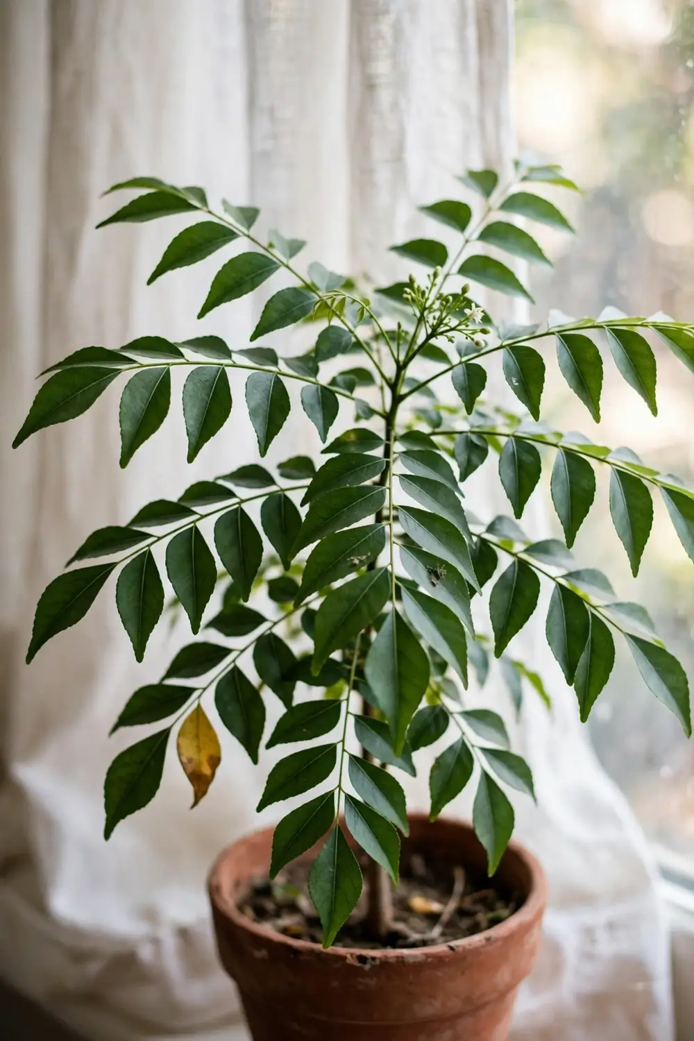 Potted curry leaf tree with glossy pinnate leaves in bright window light