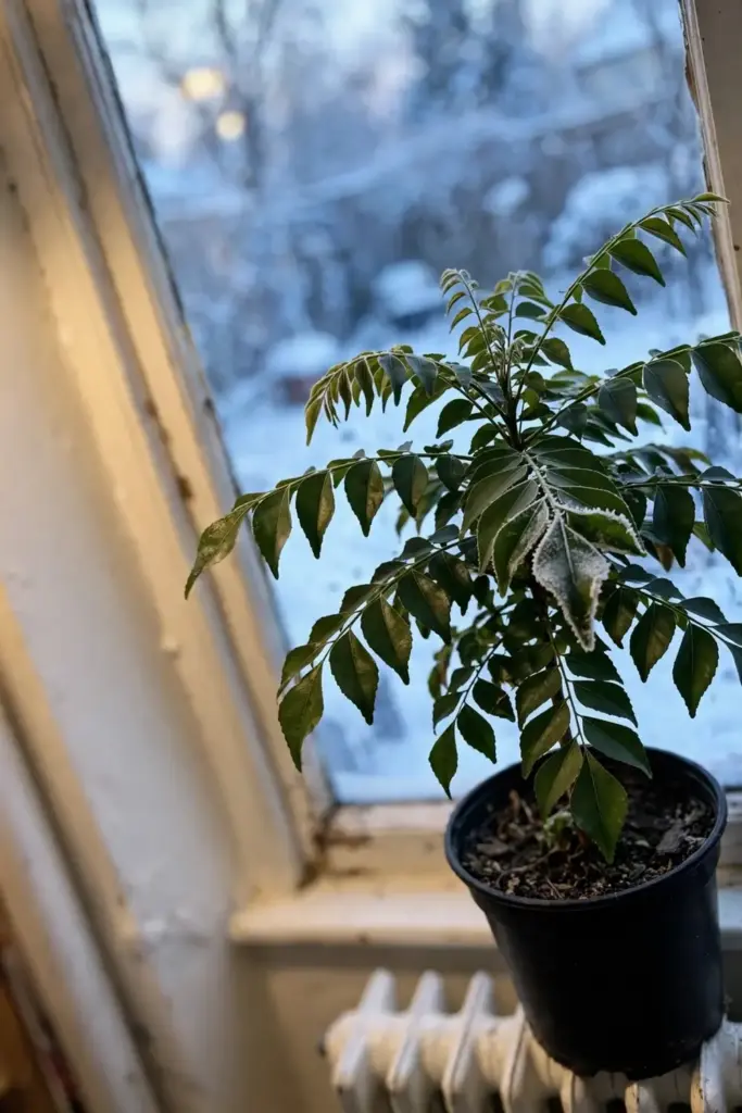 Potted curry leaf tree by a sunny window with snow visible outside