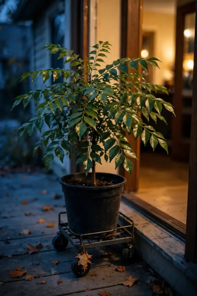 Potted curry leaf tree at a doorway on a cold autumn evening