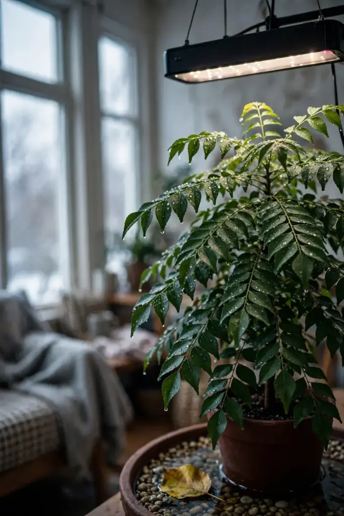 Curry leaf tree in a south facing window with a grow light and pebble tray
