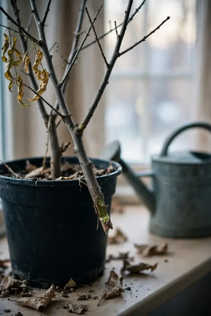 Leafless curry leaf stems in a pot by a bright window in winter