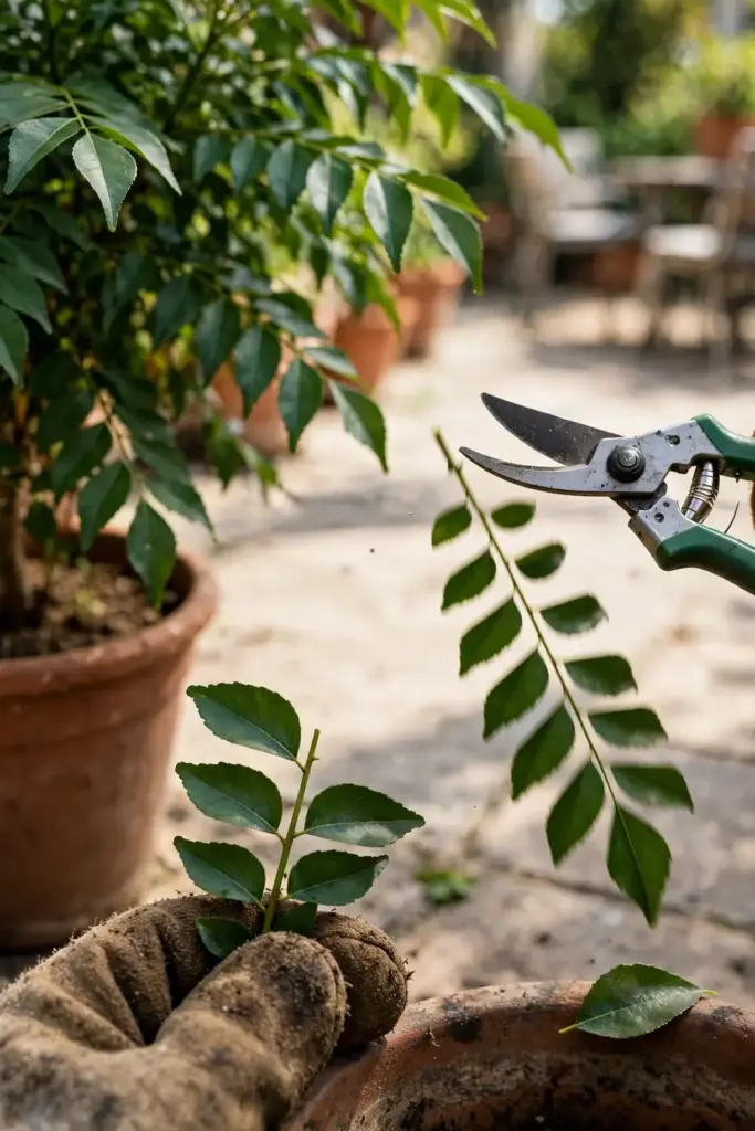 Worn garden mitt hand cutting a whole curry leaf stem with pruners