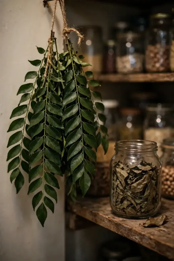 Curry leaf stems air drying beside a jar of dried leaves