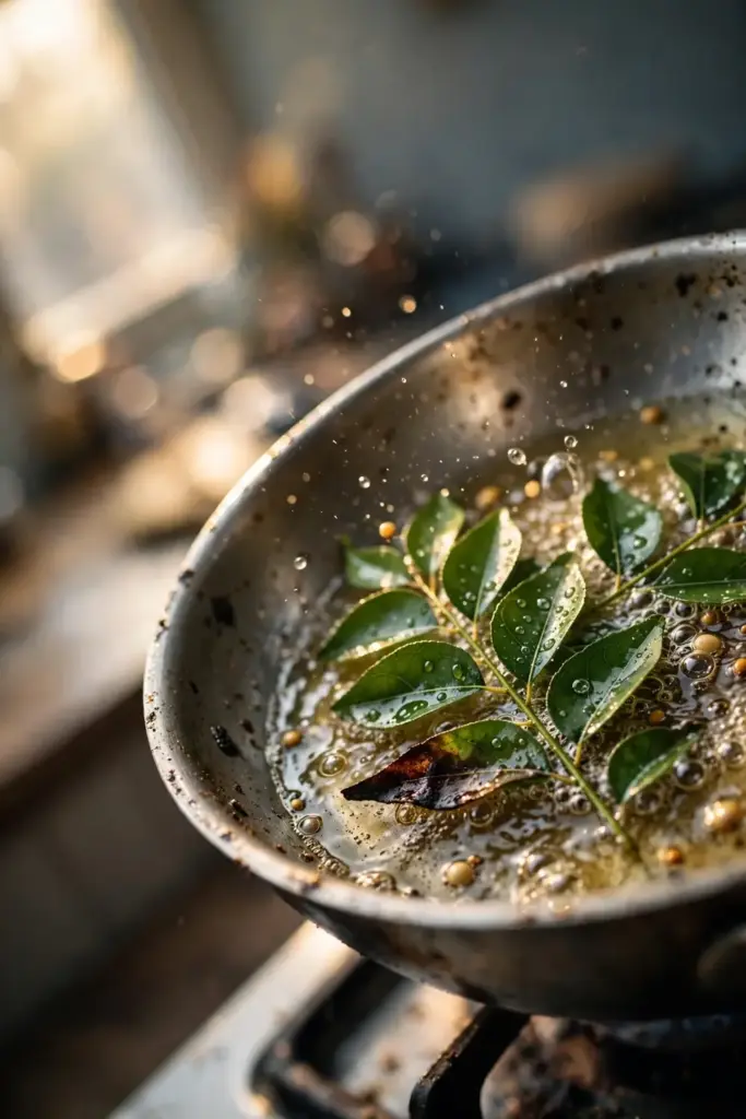 Curry leaves crackling in shimmering hot oil in a pan
