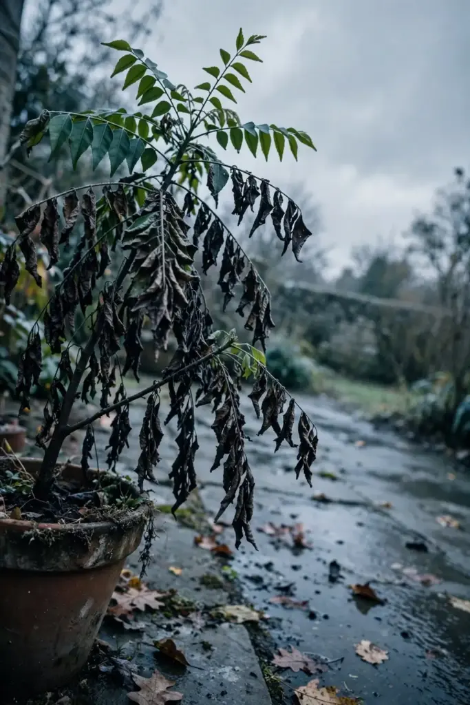 Frost damaged curry leaf tree left outside too late in fall