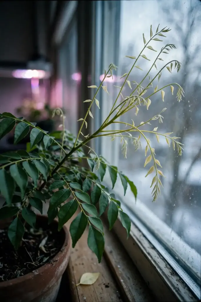 Pale leggy curry leaf growth on a winter windowsill