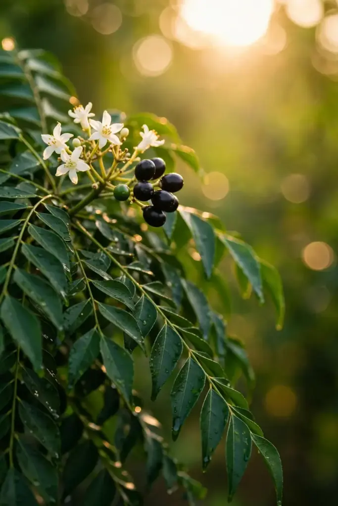 Macro of white curry leaf flowers and small black berries