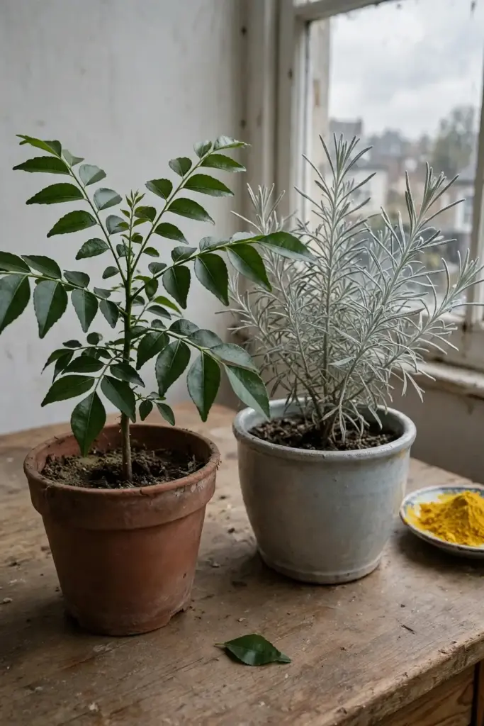 Curry leaf plant beside silvery curry plant showing the species difference
