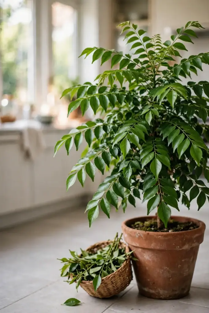 Healthy potted curry leaf tree in a bright kitchen corner