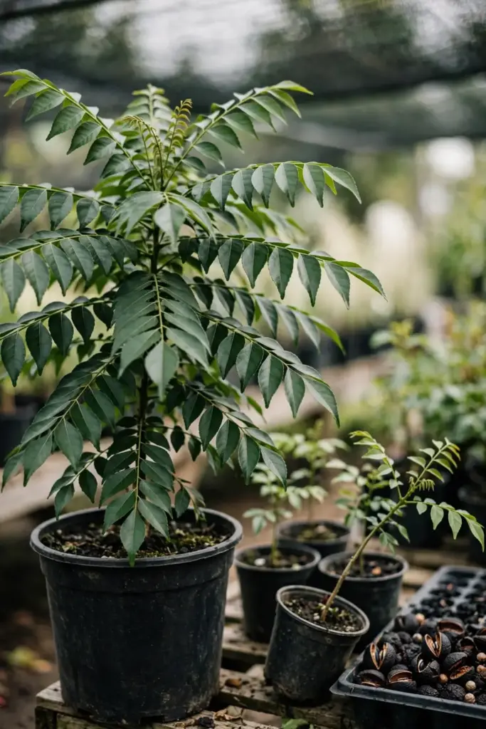 Nursery curry leaf plants in pots beside seed packets for sale