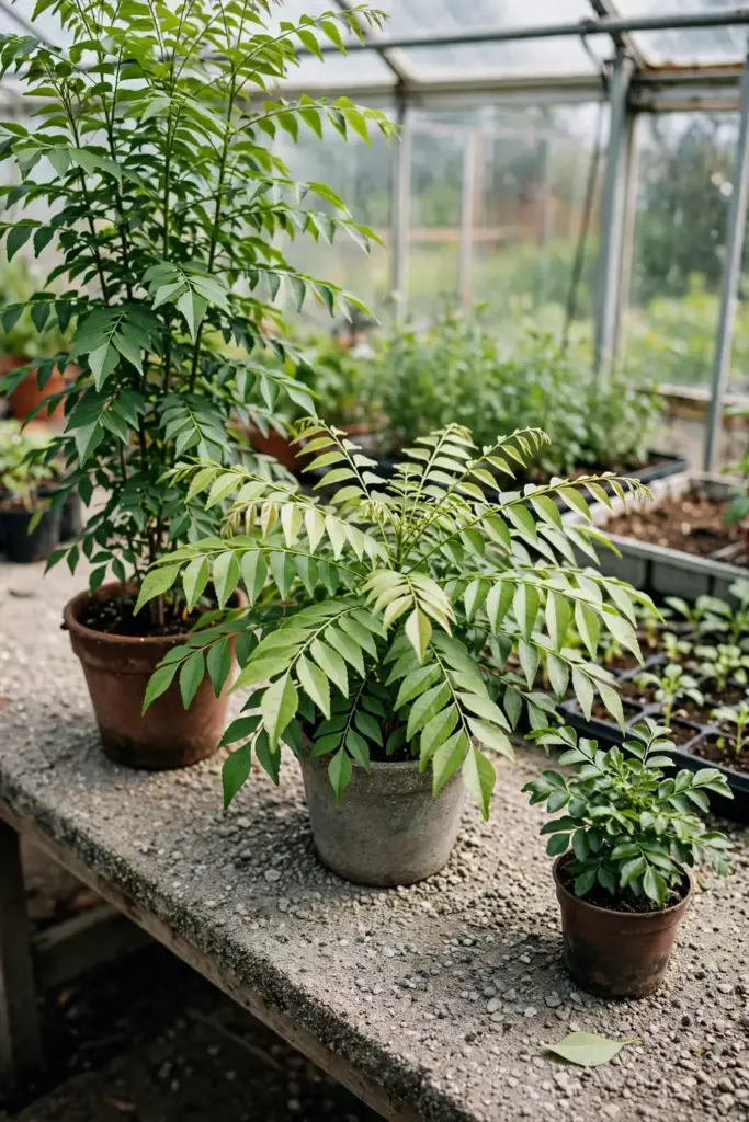 Three curry leaf tree varieties in pots showing growth differences