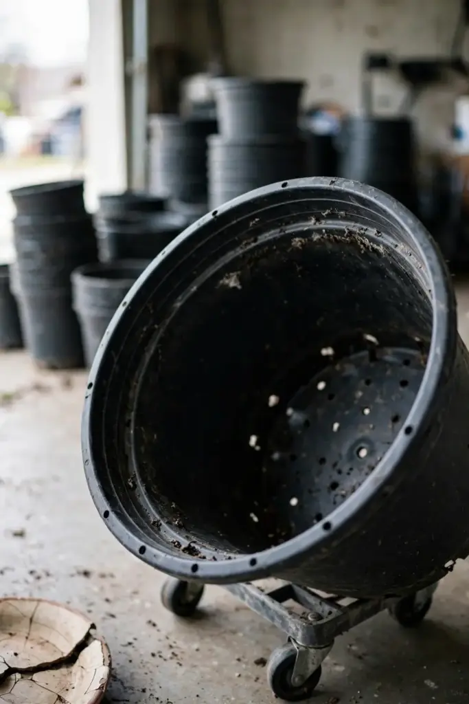 Empty five gallon pot showing drainage holes on a wheeled caddy