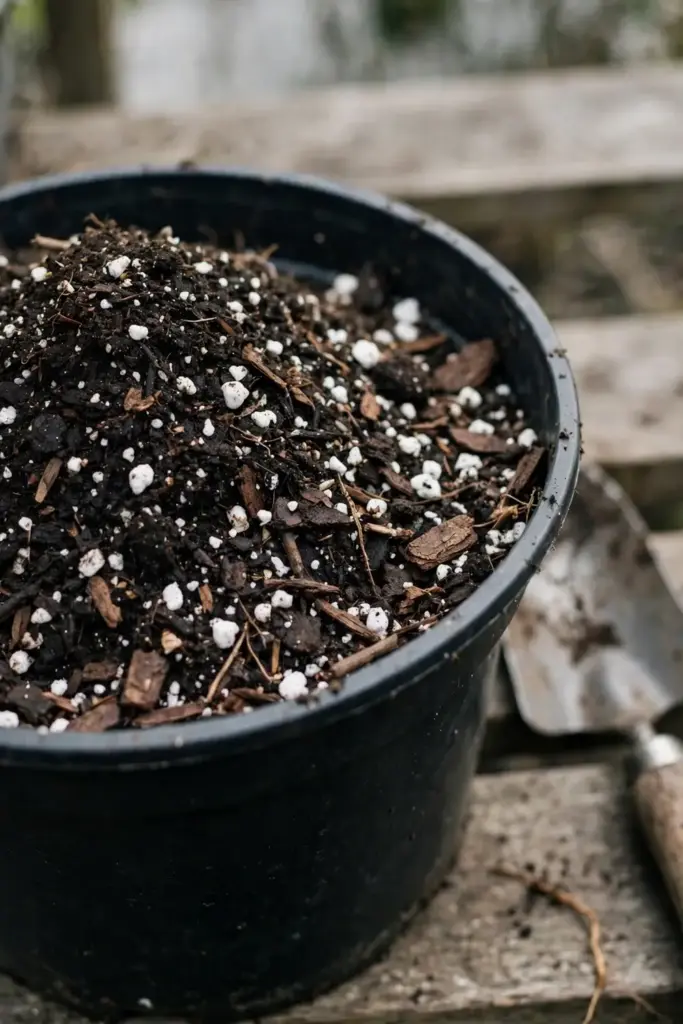 Loose potting mix with perlite and bark in a curry leaf pot