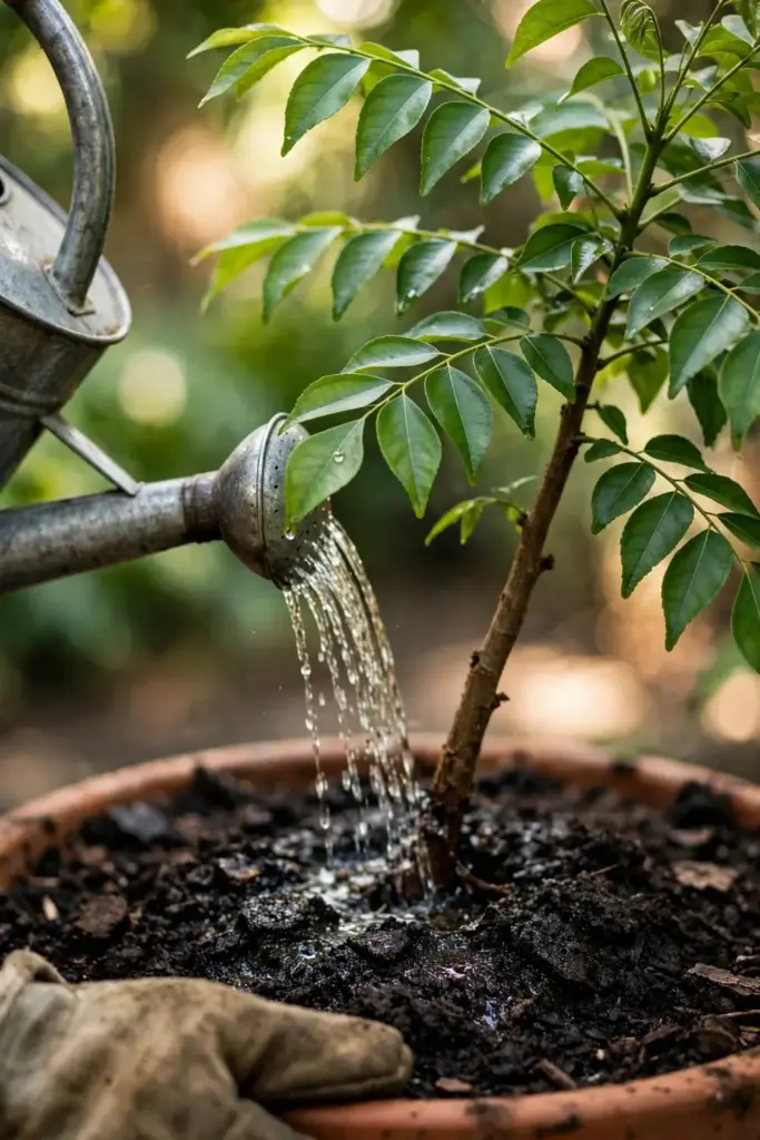 Worn garden mitt hand watering a potted curry leaf tree