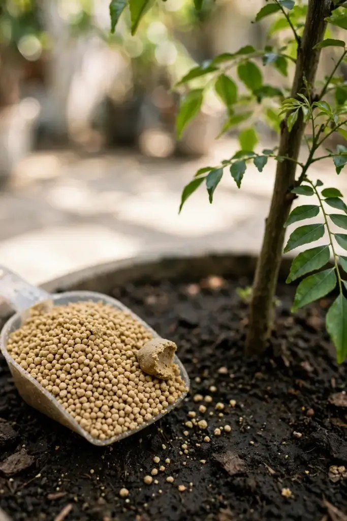 Balanced fertilizer granules measured in a small scoop beside the pot