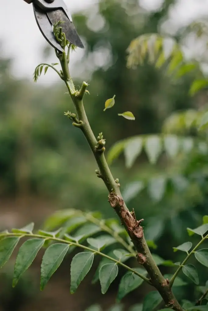 Pruning shears tipping the growing point of a young curry leaf tree