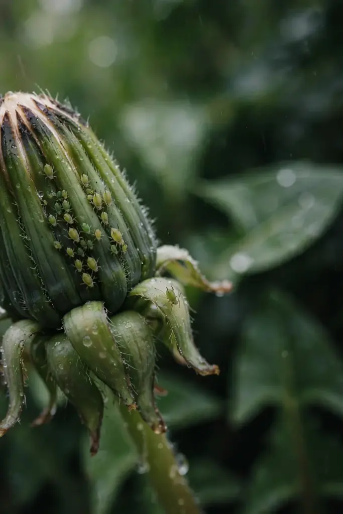 Macro of aphids clustered on a dandelion flower bud