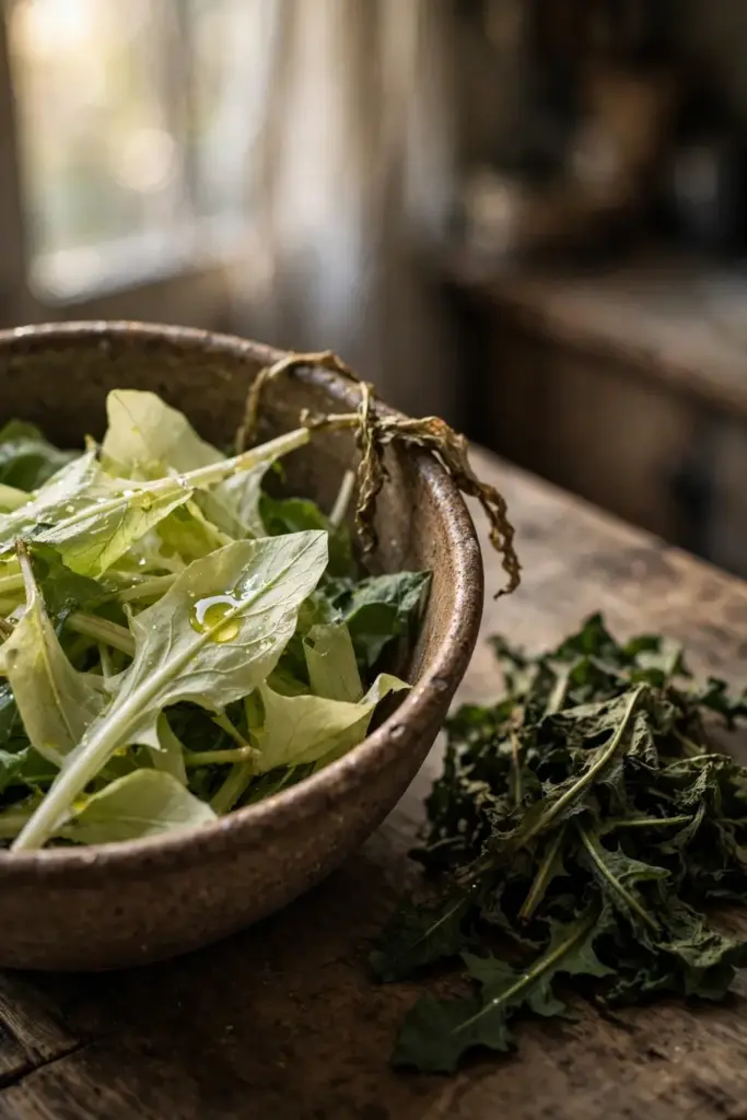 Bowl of young pale dandelion salad leaves beside older dark leaves