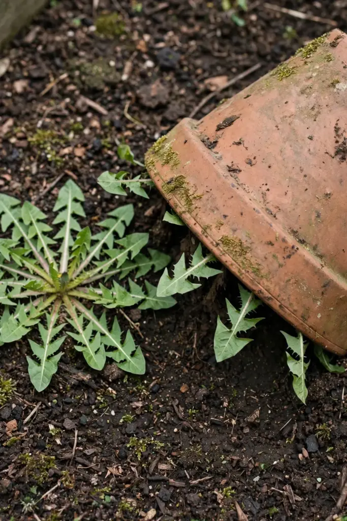 Upturned clay pot blanching a dandelion rosette in the garden
