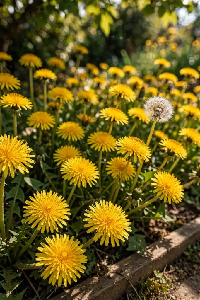 Garden bed of dandelions in full yellow bloom under a bright sky