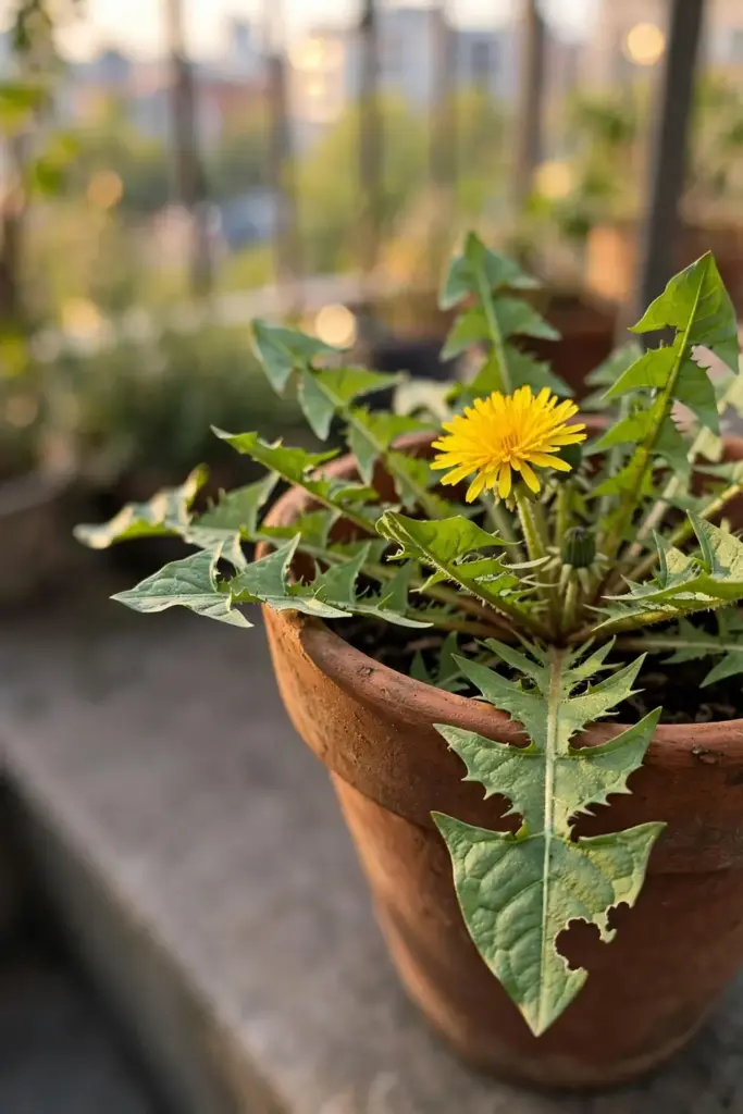 Terracotta pot of dandelion rosettes on a sunny balcony