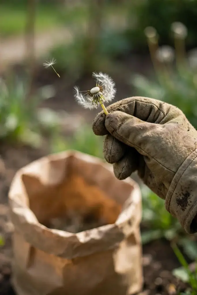 Worn garden mitt hand dropping a spent dandelion head into a paper bag
