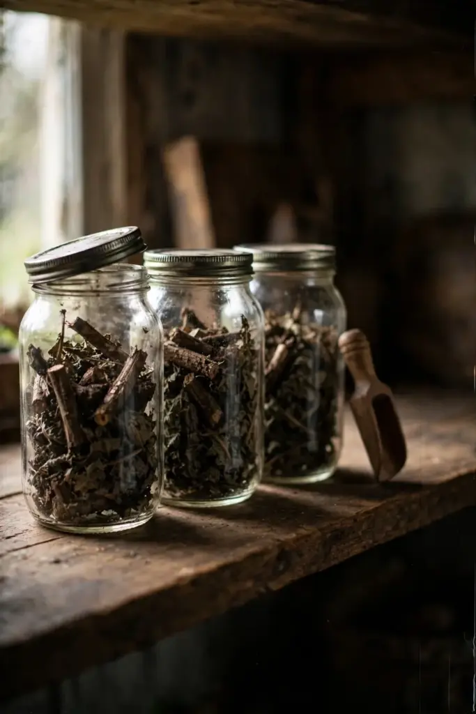 Glass jars of dried dandelion roots and leaves on a wooden shelf