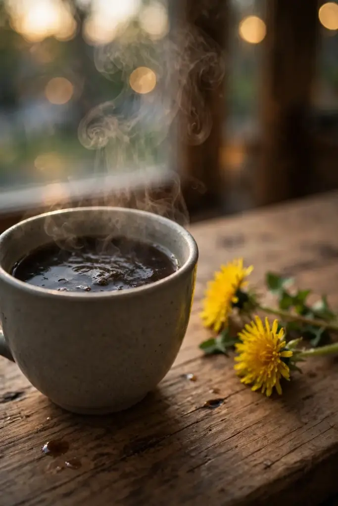 Steaming cup of roasted dandelion root tea with yellow flowers beside it