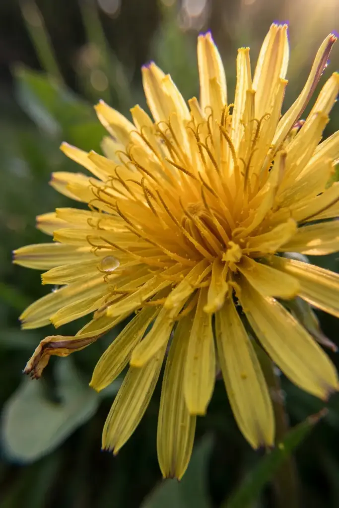 Dramatic dandelion bloom filling the frame with pollen and dewdrop