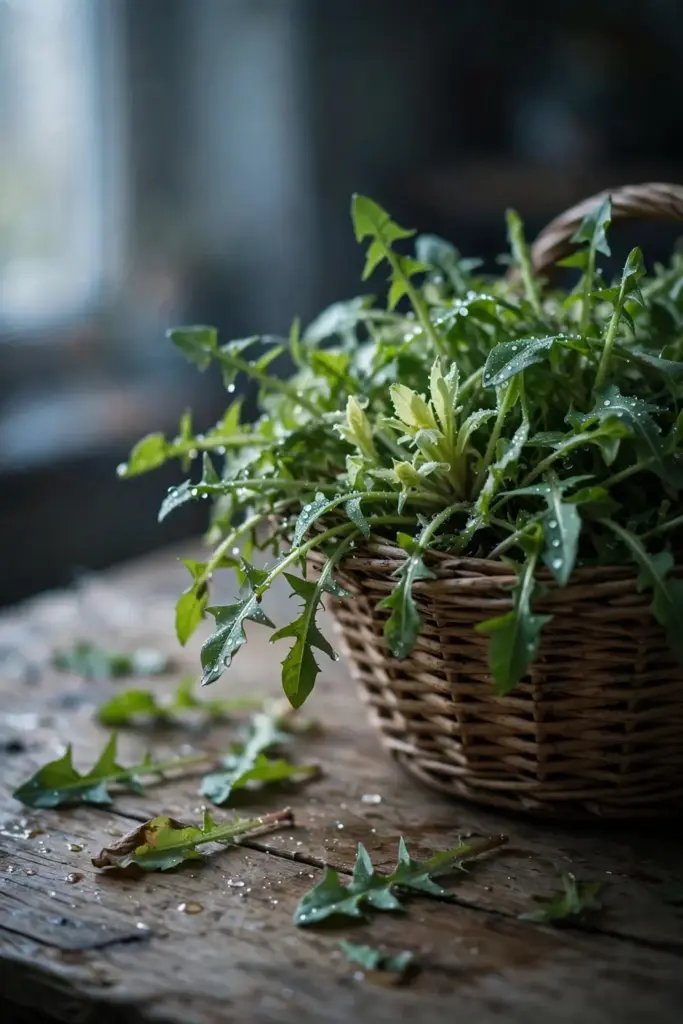Wicker basket of young mild dandelion greens with water droplets