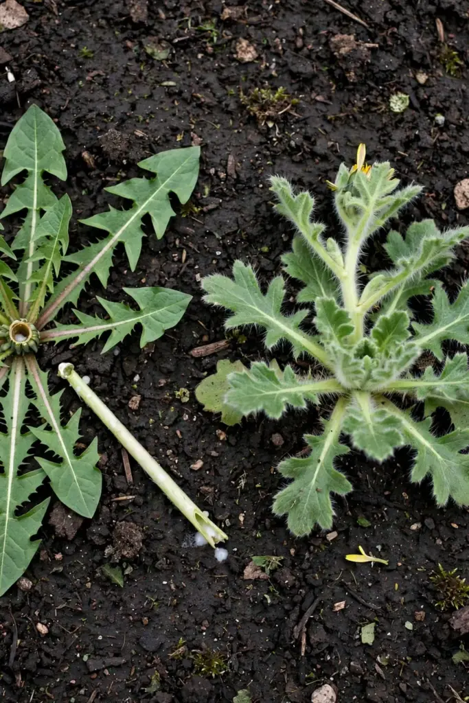 Side by side comparison of true dandelion and catsear plants
