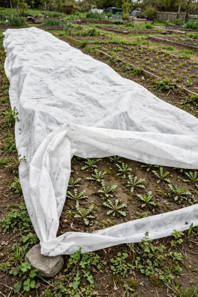 Garden bed with floating row cover over young dandelion rows