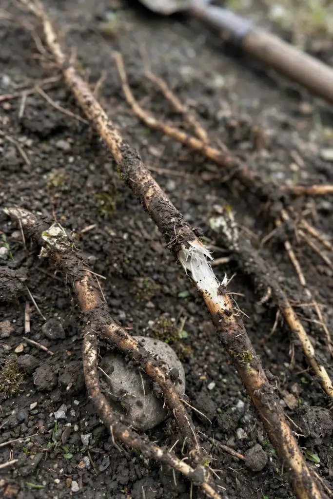 Freshly dug dandelion taproots with soil on a garden bed