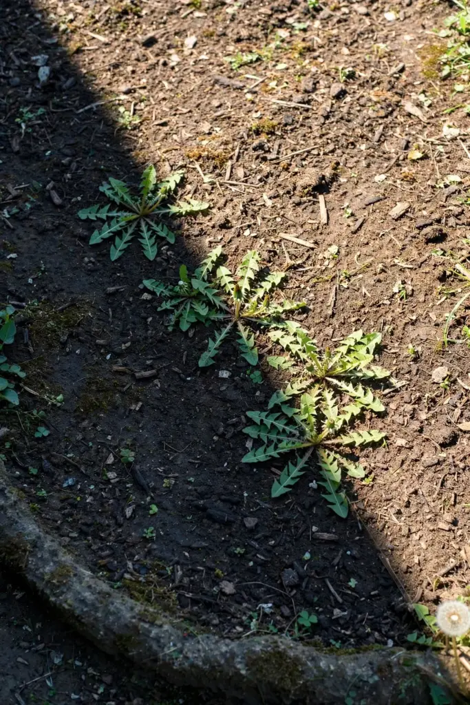 Dandelion bed in morning sun with afternoon tree shade falling across it