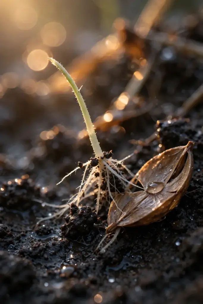 Dandelion seed splitting on dark moist soil with a pale sprout rising