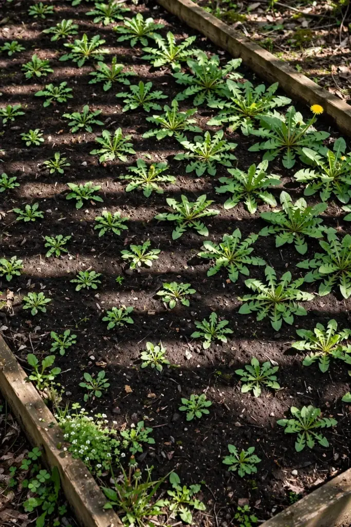 Raised bed of dandelion rosettes in neat rows under dappled shade