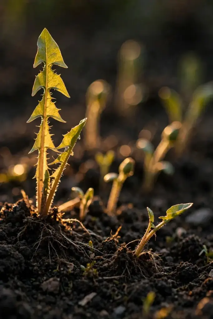 Dandelion seedlings at successive stages pushing through dark soil