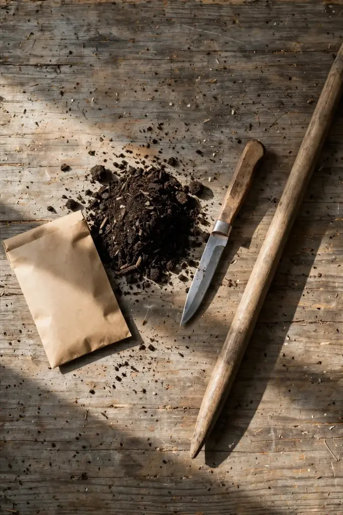 Flat lay of dandelion seed packet, compost, knife and digging fork