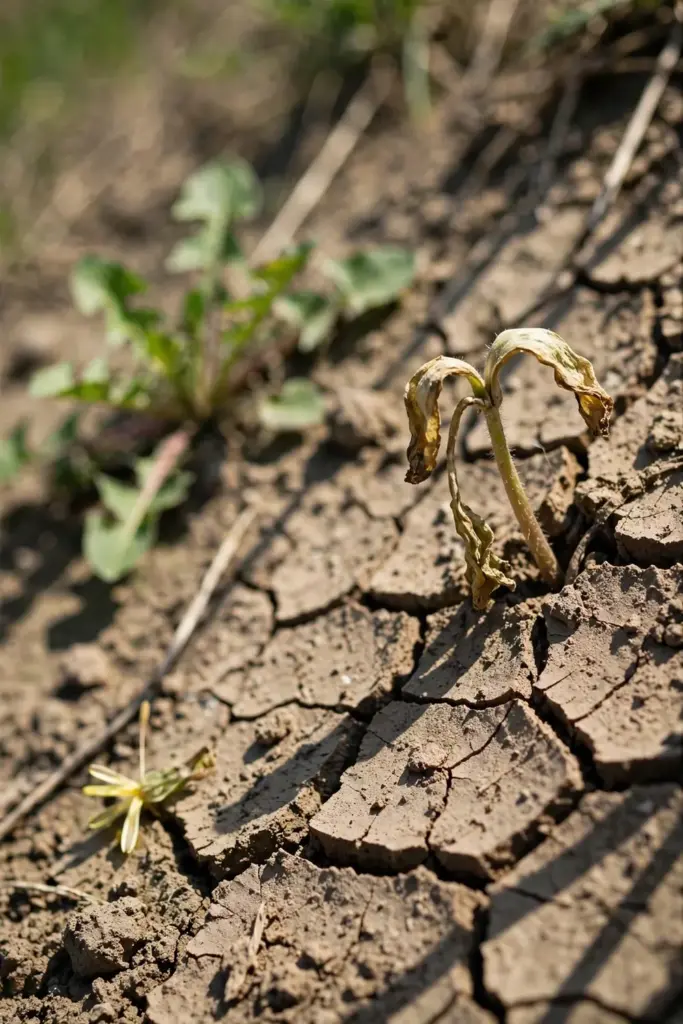 Close-up of a struggling pale dandelion seedling in dry soil