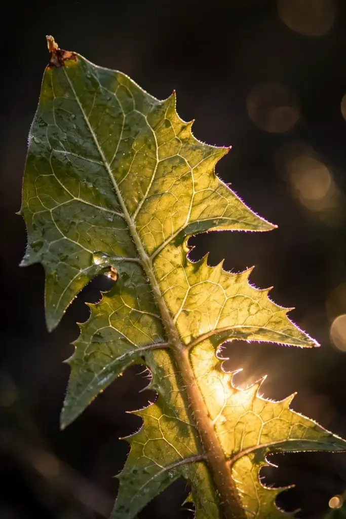 Backlit dandelion leaf showing deep teeth and glowing veins