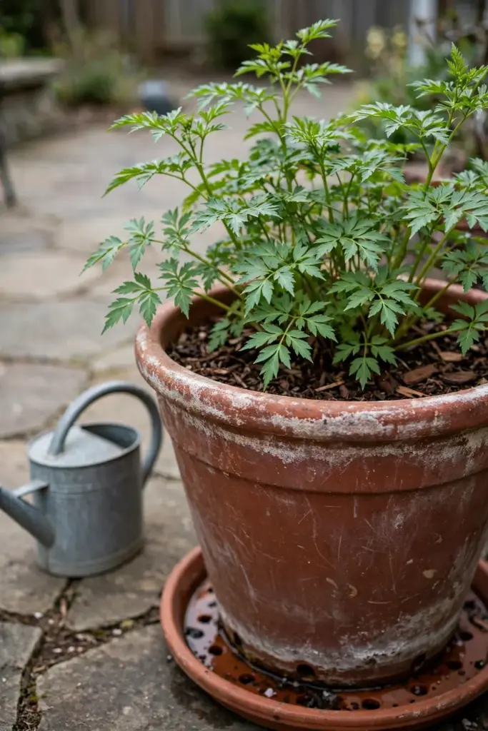 Dang gui growing in a deep container on a patio