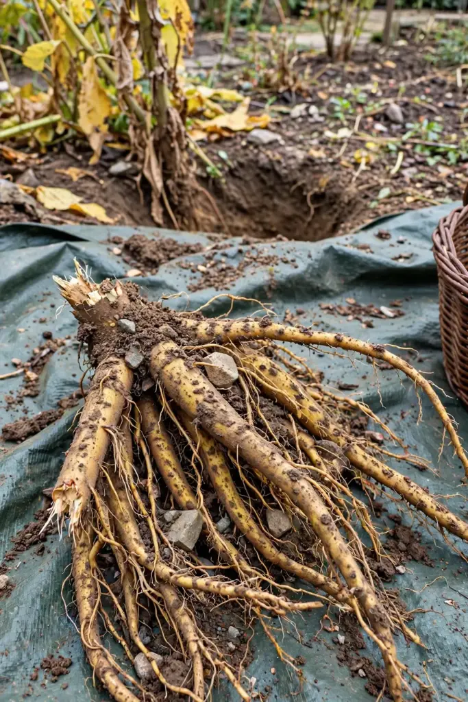 Freshly dug dang gui roots with soil still clinging, harvested in fall