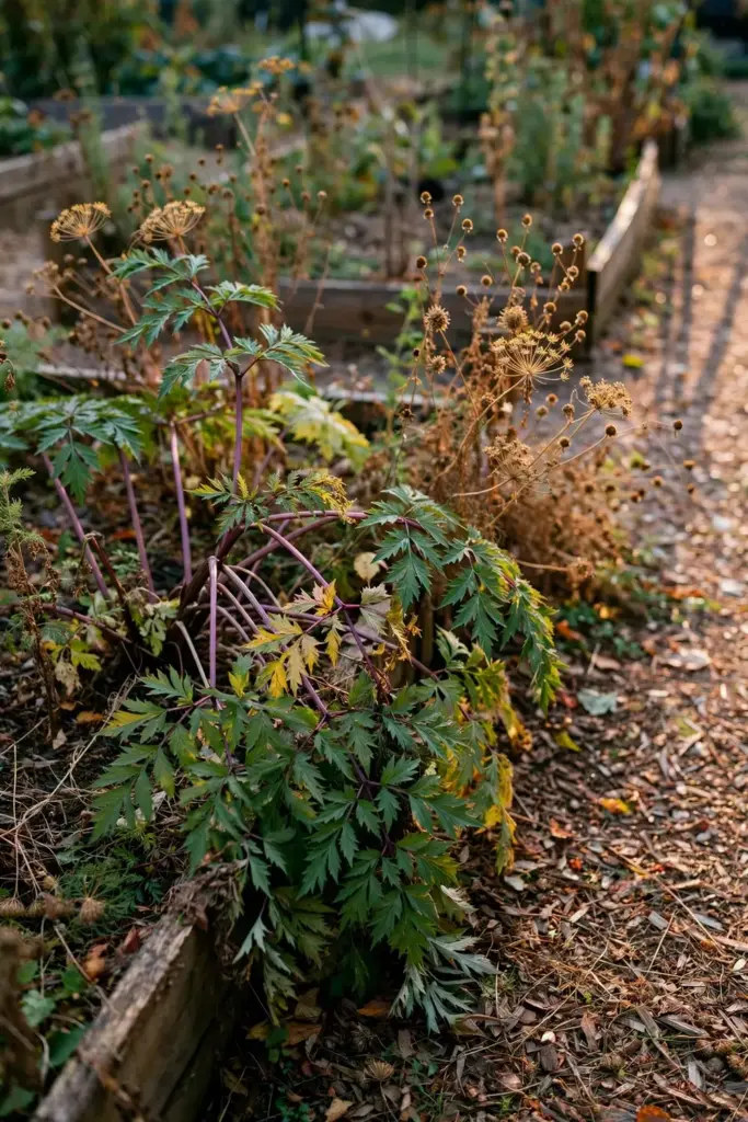 Home medicinal herb bed with dang gui growing among companion herbs in late summer