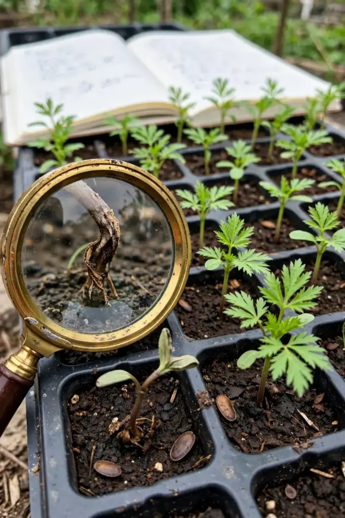 Magnifying glass revealing damping off at a dang gui seedling stem base