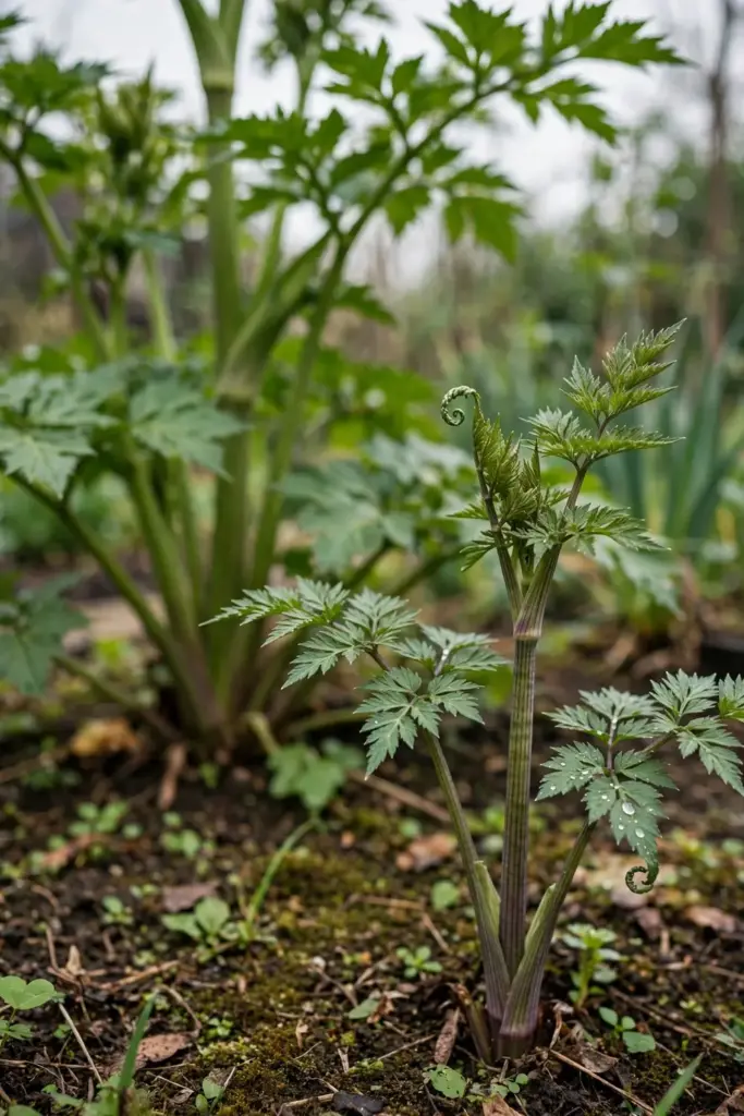Two angelica plants side by side showing the size and stem difference between species